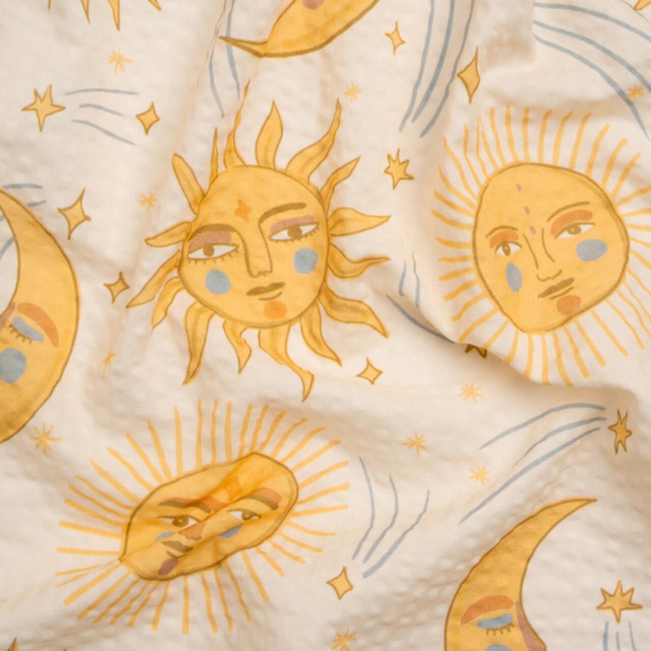 1 Yard Cotton and Viscose Striped Seersucker Fabric Cream Suns and Moons
